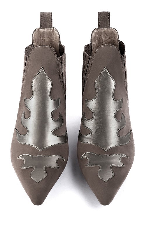 Taupe brown women's ankle boots, with elastics. Pointed toe. Low flare heels. Top view - Florence KOOIJMAN